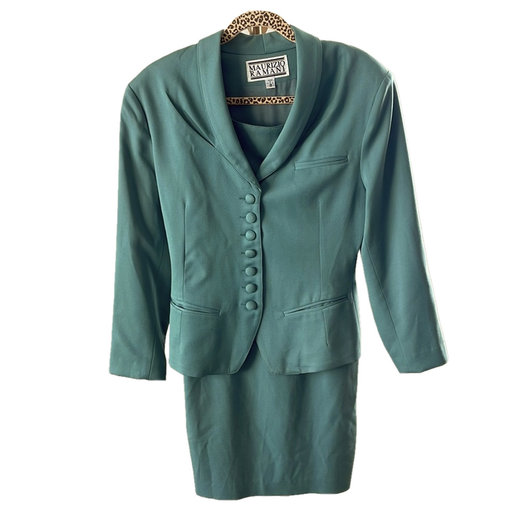 Marzotto Ramani Vintage 80s Green Teal Shoulder Padded 100% Wool Dress Suit Set